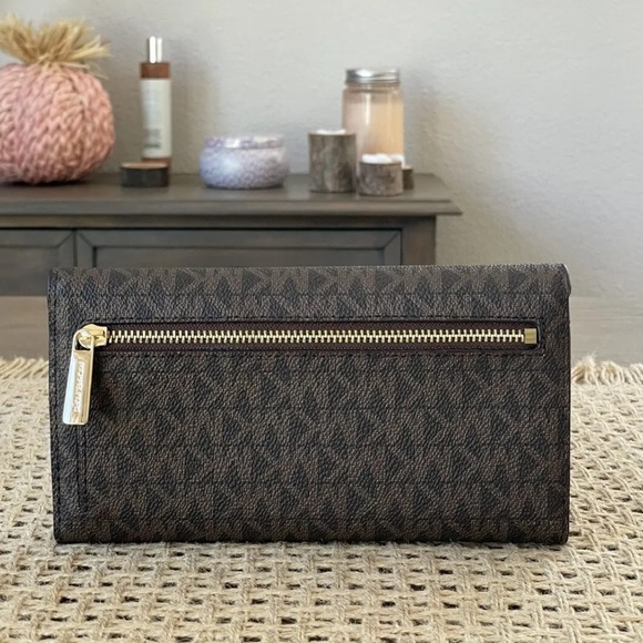 Michael Kors Jet Set Travel Large Trifold Wallet Signature MK Brown - Picture 3 of 6